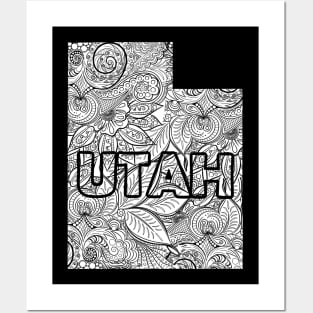 Mandala art map of Utah with text in white Posters and Art